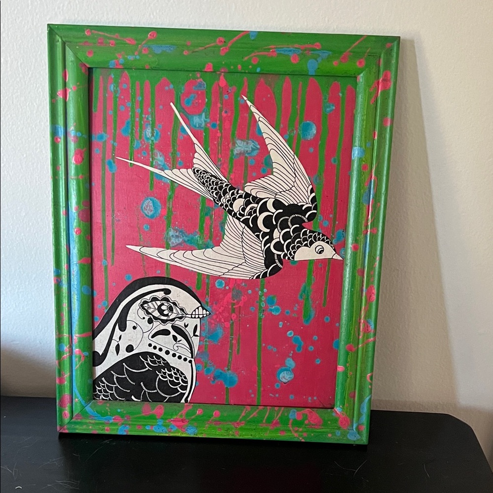 Colorful Bird Art in Green Frame